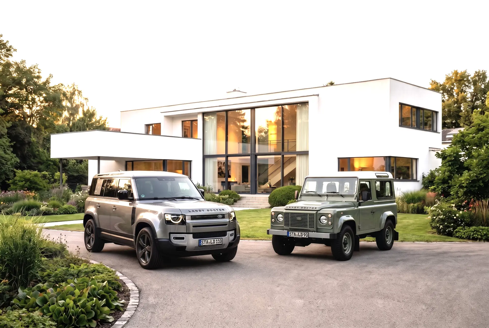 Zwei Land Rover Defender mit „Landy Doctor“-Schriftzug vor moderner Villa in Starnberg